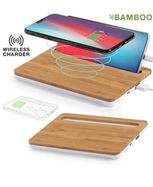 Cargador organizador inalámbrico con soporte celular de bambu full