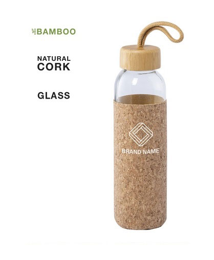 Botella de cristal para rellenar 500ml., con tapón de madera natural de  bambú. - Regalos de empresa personalizados promocionales