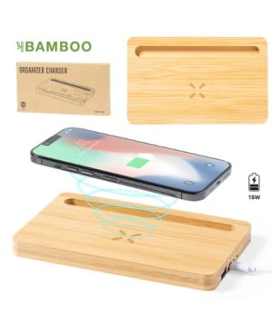 Cargador organizador inalambrico de bambu
