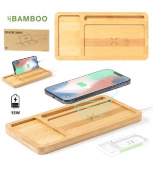 Cargador organizador inalambrico de bambu con soporte